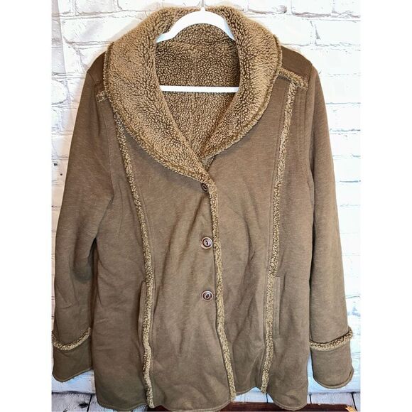 EDDIE BAUER SHERPA FAUX SHEARLING REVERSIBLE COAT SOFT BROWN TRENCH SOFT LARGE - Picture 10 of 12